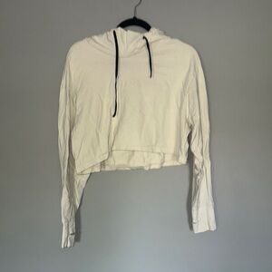 Cream Cropped Oakley Hoodie with Long Sleeves and Relaxed Fit
